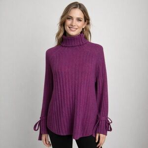 Magenta Purple Ribbed Turtleneck Sweater M/L Adjustable Bow Sleeves